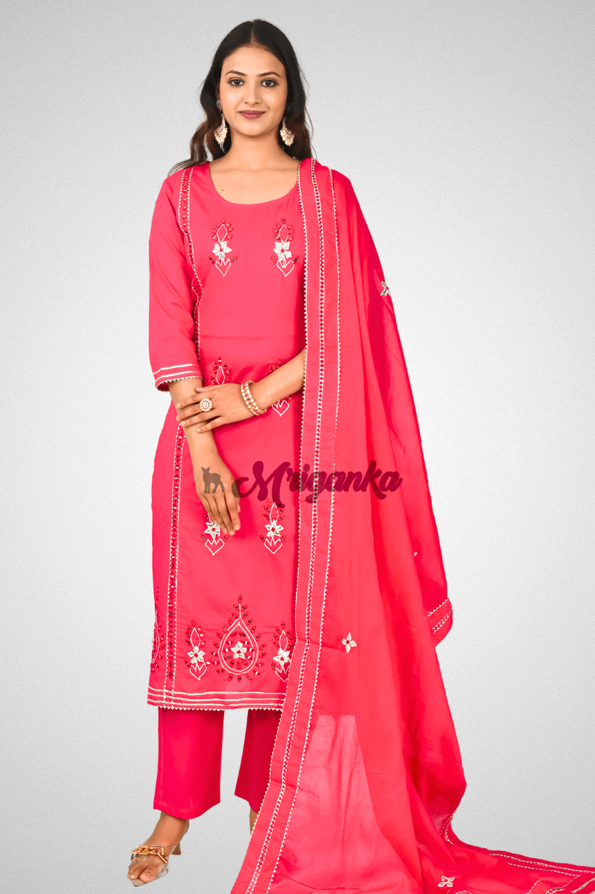 Pink Embroidered Cotton Straight Suit Set – Gota & Lace Work Kurta with Cotton Dupatta | Mriganka