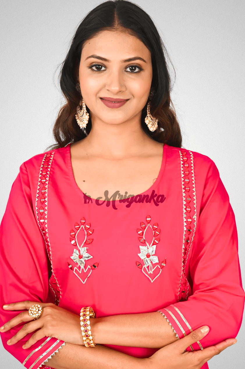 Pink Embroidered Cotton Straight Suit Set – Gota & Lace Work Kurta with Cotton Dupatta | Mriganka