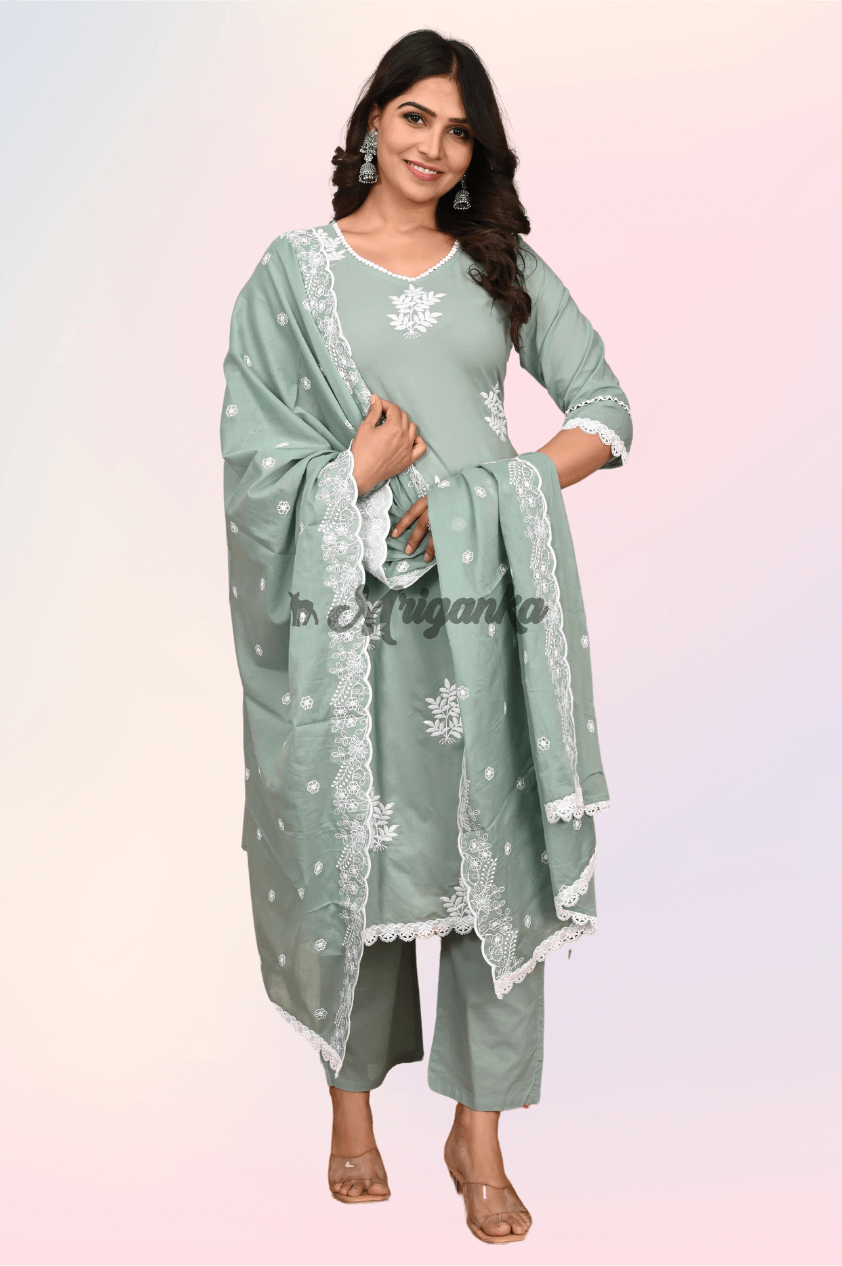 Straight Suit Set | Pure Cotton Fabric | Embroidery Work - Buy at Mriganka