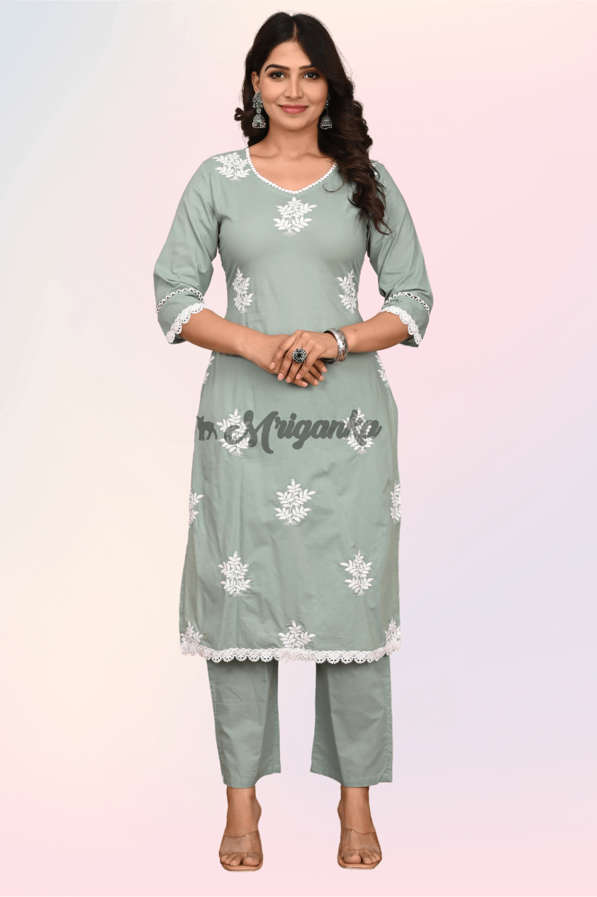 Straight Suit Set | Pure Cotton Fabric | Embroidery Work - Buy at Mriganka