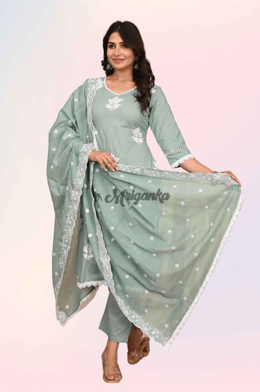 Straight Suit Set | Pure Cotton Fabric | Embroidery Work - Buy at Mriganka