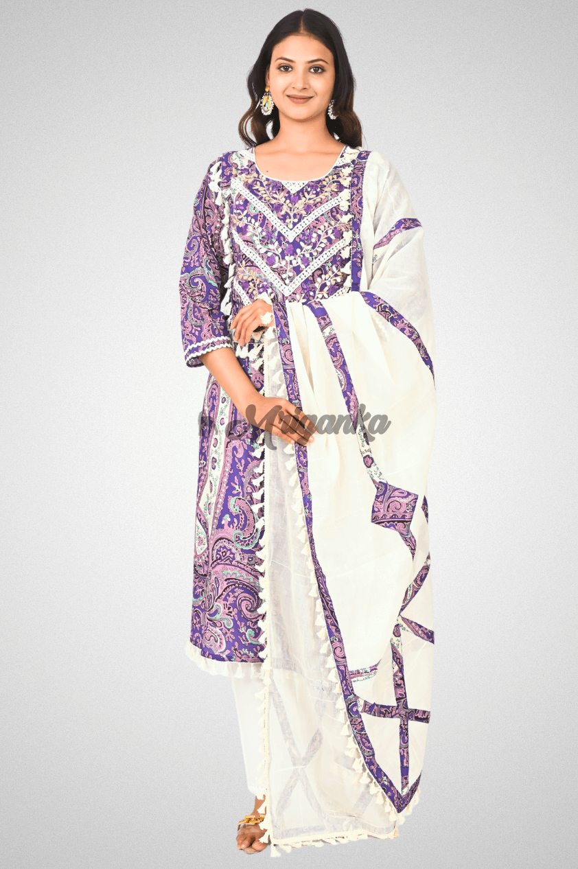 Purple Cotton Suit Set with Lace Embroidery, Tassel & Appliqué Work Dupatta @ Mriganka