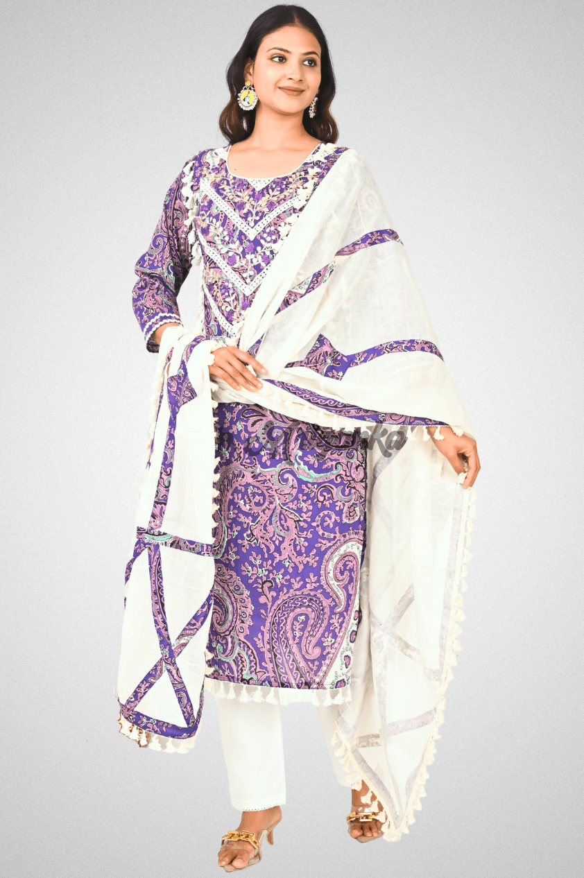 Purple Cotton Suit Set with Lace Embroidery, Tassel & Appliqué Work Dupatta @ Mriganka