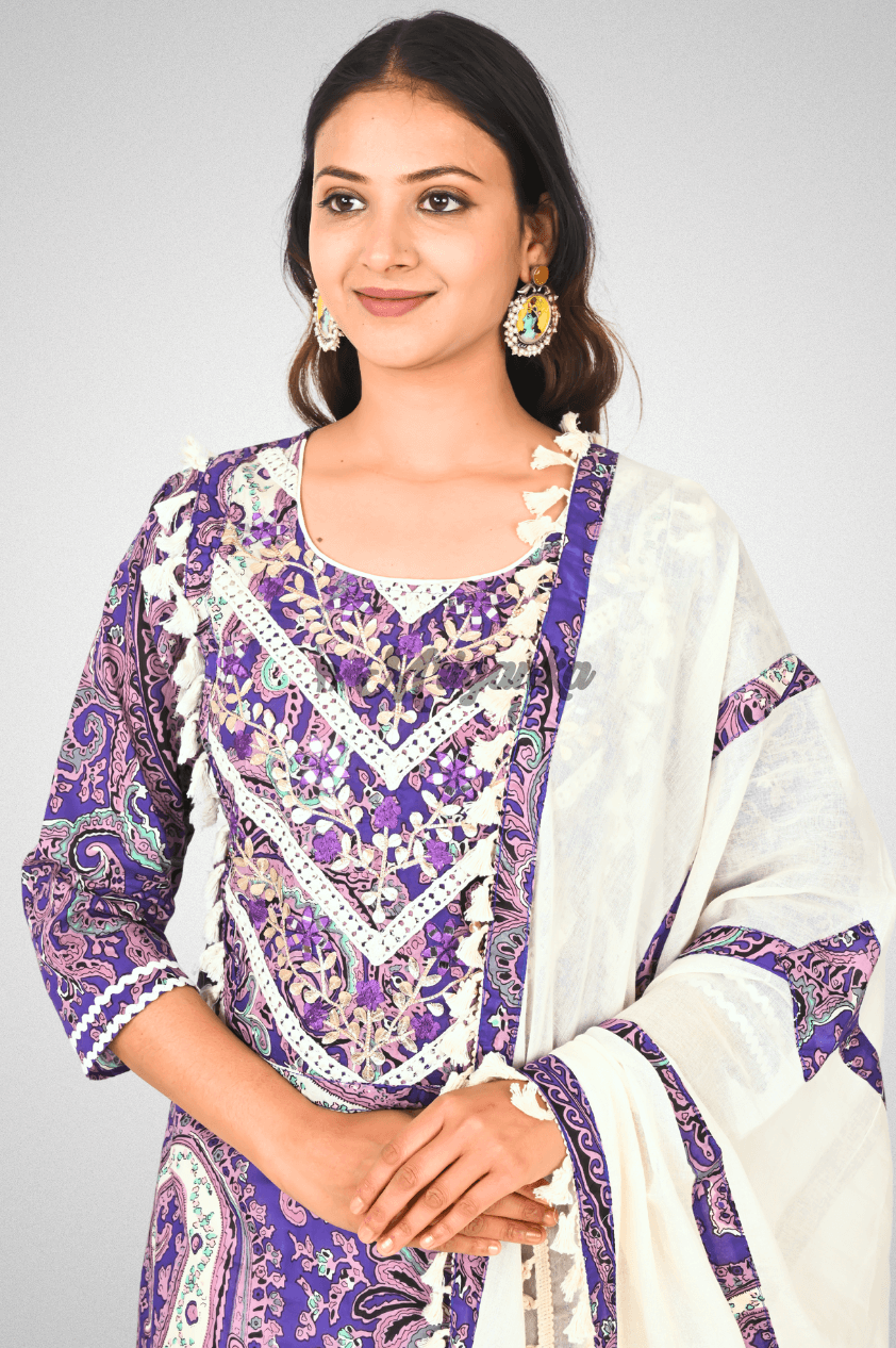 Purple Cotton Suit Set with Lace Embroidery, Tassel & Appliqué Work Dupatta @ Mriganka