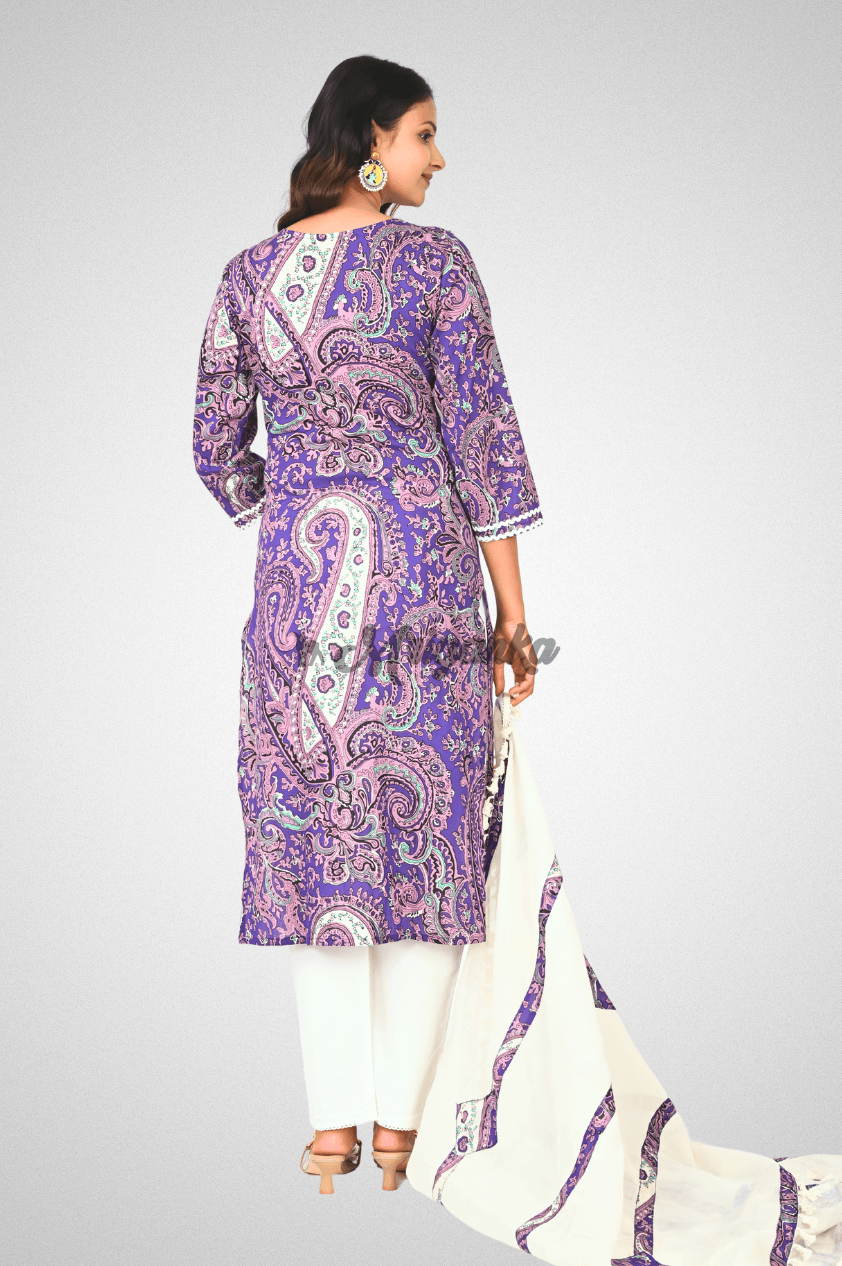 Purple Cotton Suit Set with Lace Embroidery, Tassel & Appliqué Work Dupatta @ Mriganka