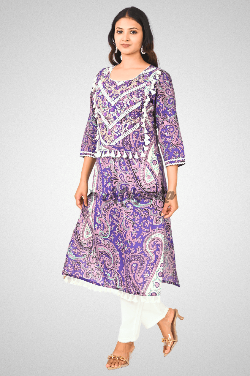 Purple Cotton Suit Set with Lace Embroidery, Tassel & Appliqué Work Dupatta @ Mriganka