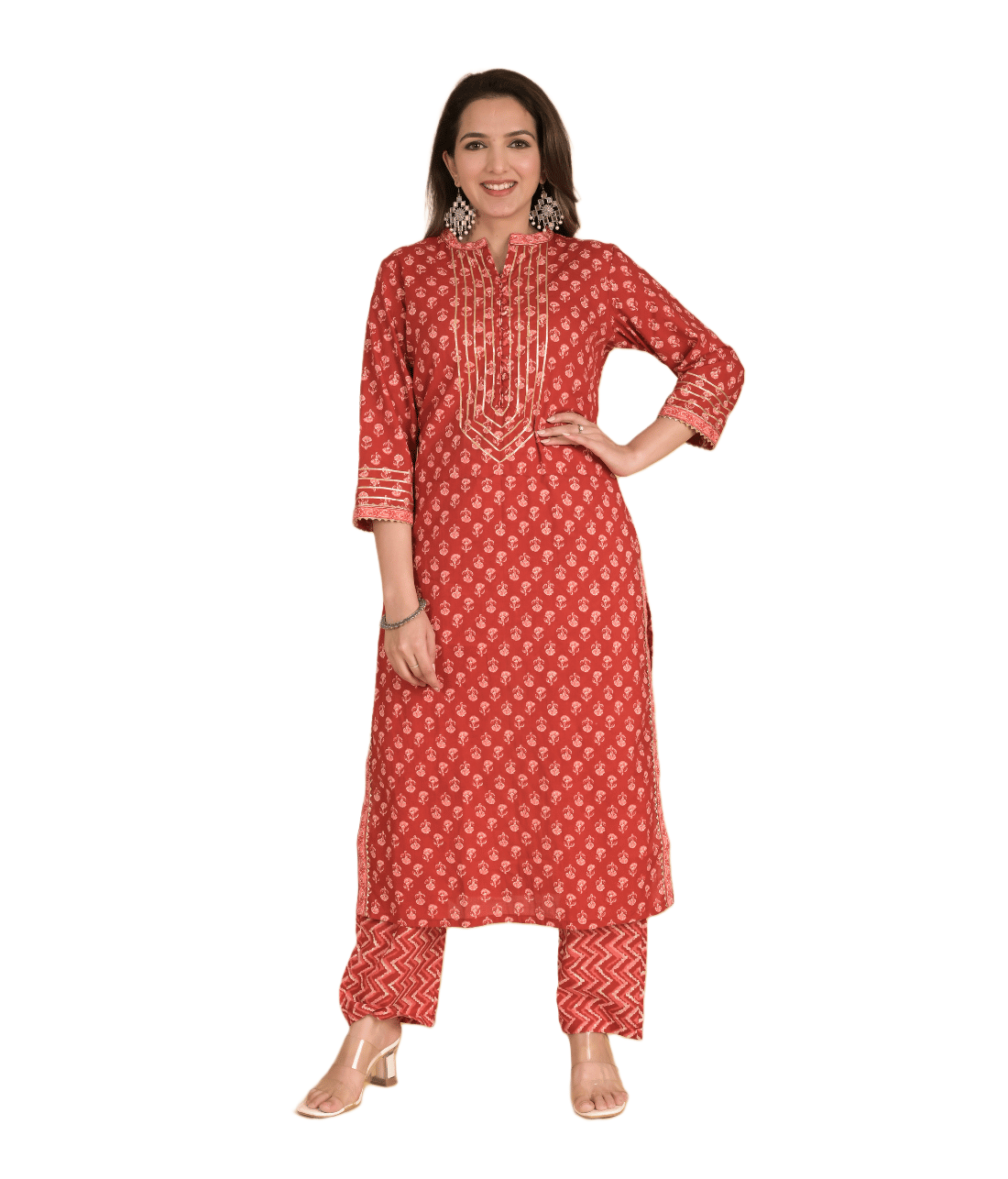 Red Block Print Suit Set