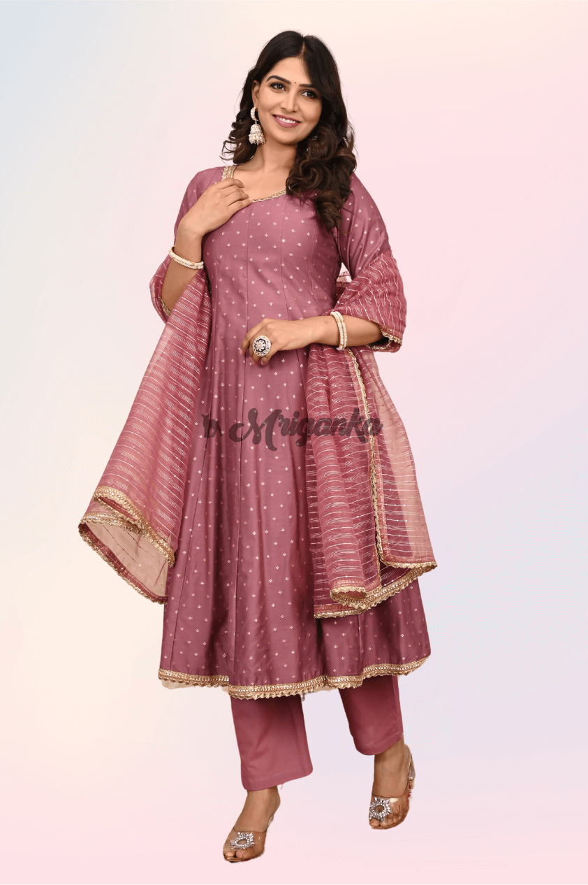 Anarkali Suit Set | Chanderi Silk | Rose Gold Color - Buy at Mriganka