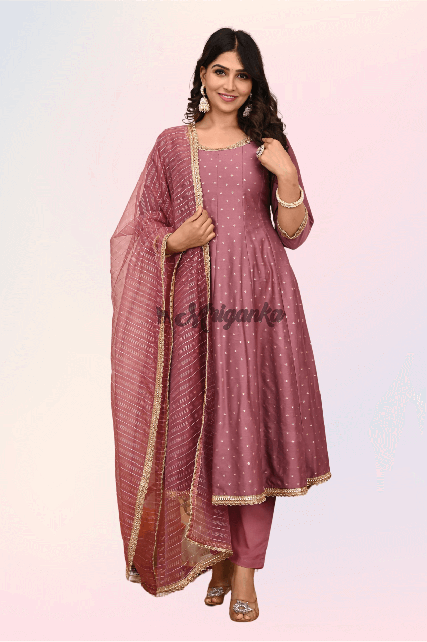 Anarkali Suit Set | Chanderi Silk | Rose Gold Color - Buy at Mriganka