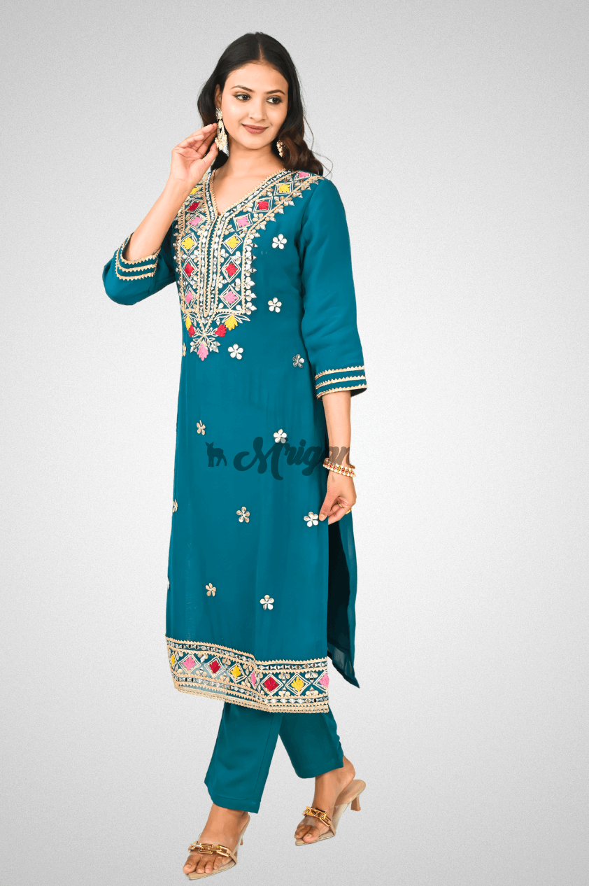 Georgette Straight Suit Set – Teal Kurta with Gota Patti, Rayon Pants & Chiffon Dupatta | Mriganka