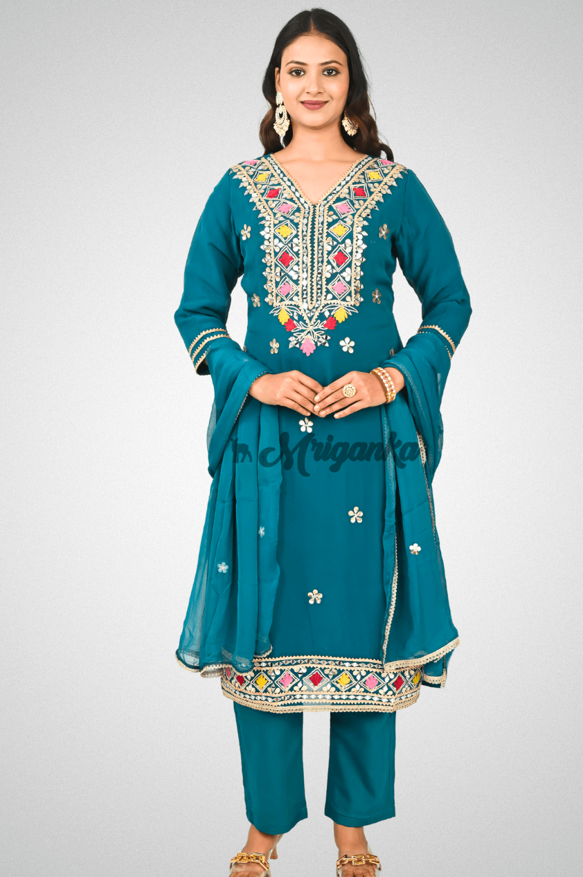 Georgette Straight Suit Set – Teal Kurta with Gota Patti, Rayon Pants & Chiffon Dupatta | Mriganka