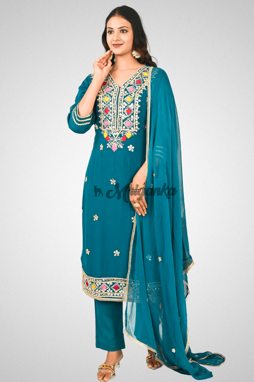 Georgette Straight Suit Set – Teal Kurta with Gota Patti, Rayon Pants & Chiffon Dupatta | Mriganka