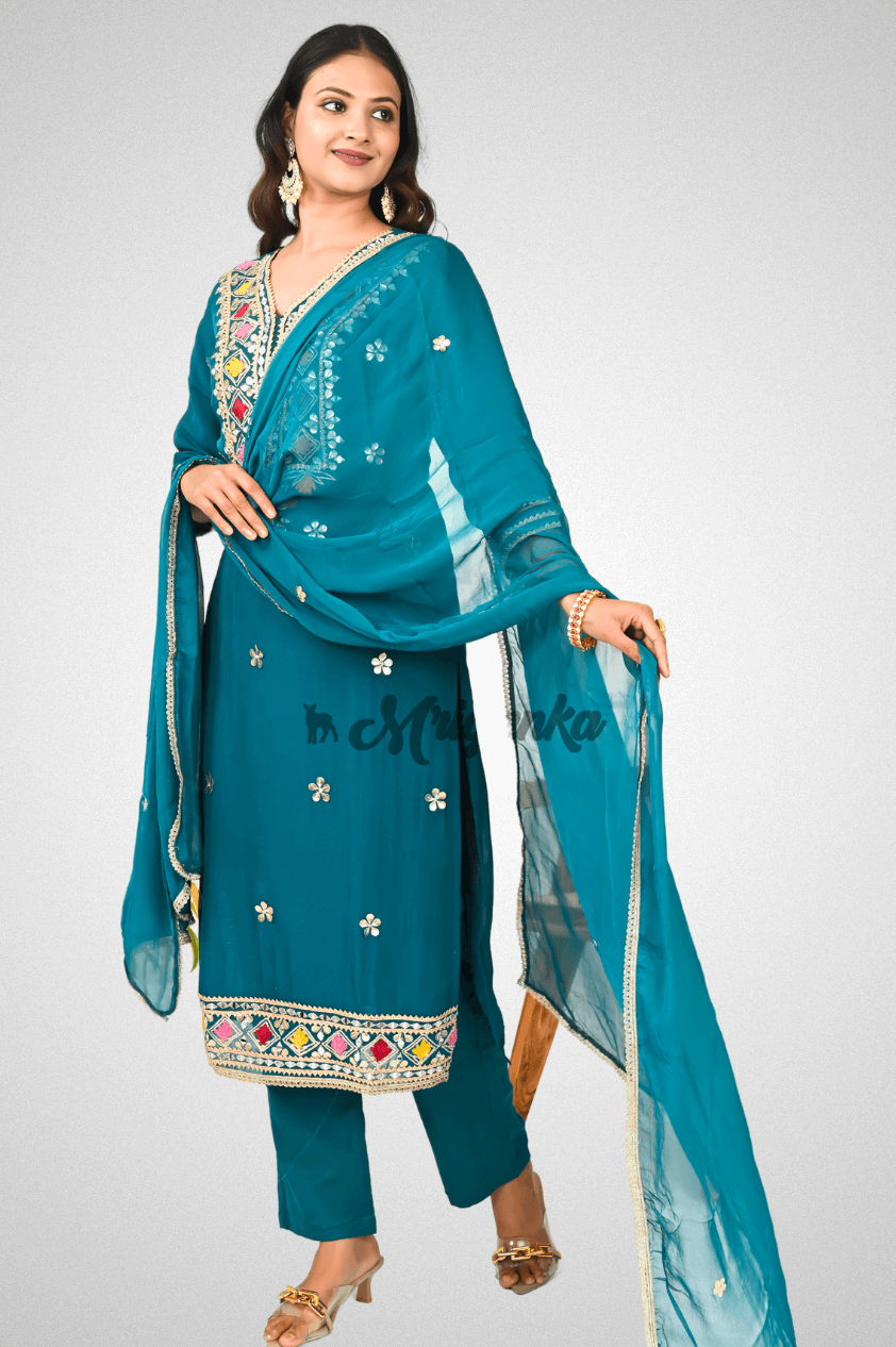 Georgette Straight Suit Set – Teal Kurta with Gota Patti, Rayon Pants & Chiffon Dupatta | Mriganka