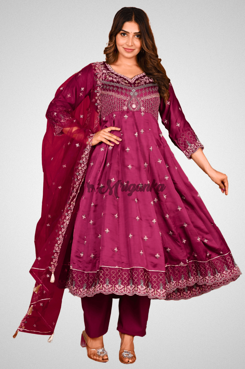 Elegant Wine Anarkali Suit Set with Intricate Embroidery - Linen Satin Fabric