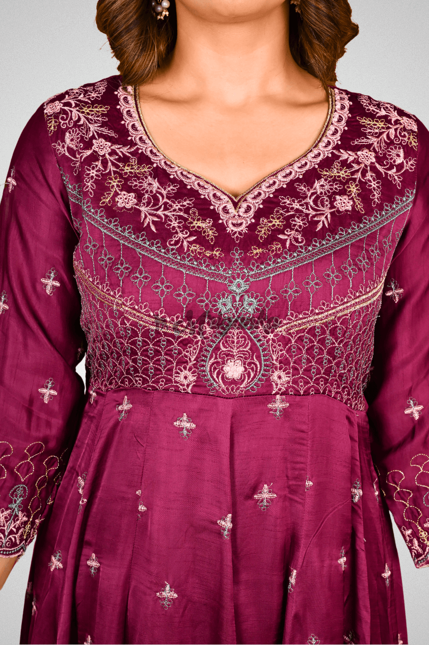 Elegant Wine Anarkali Suit Set with Intricate Embroidery - Linen Satin Fabric