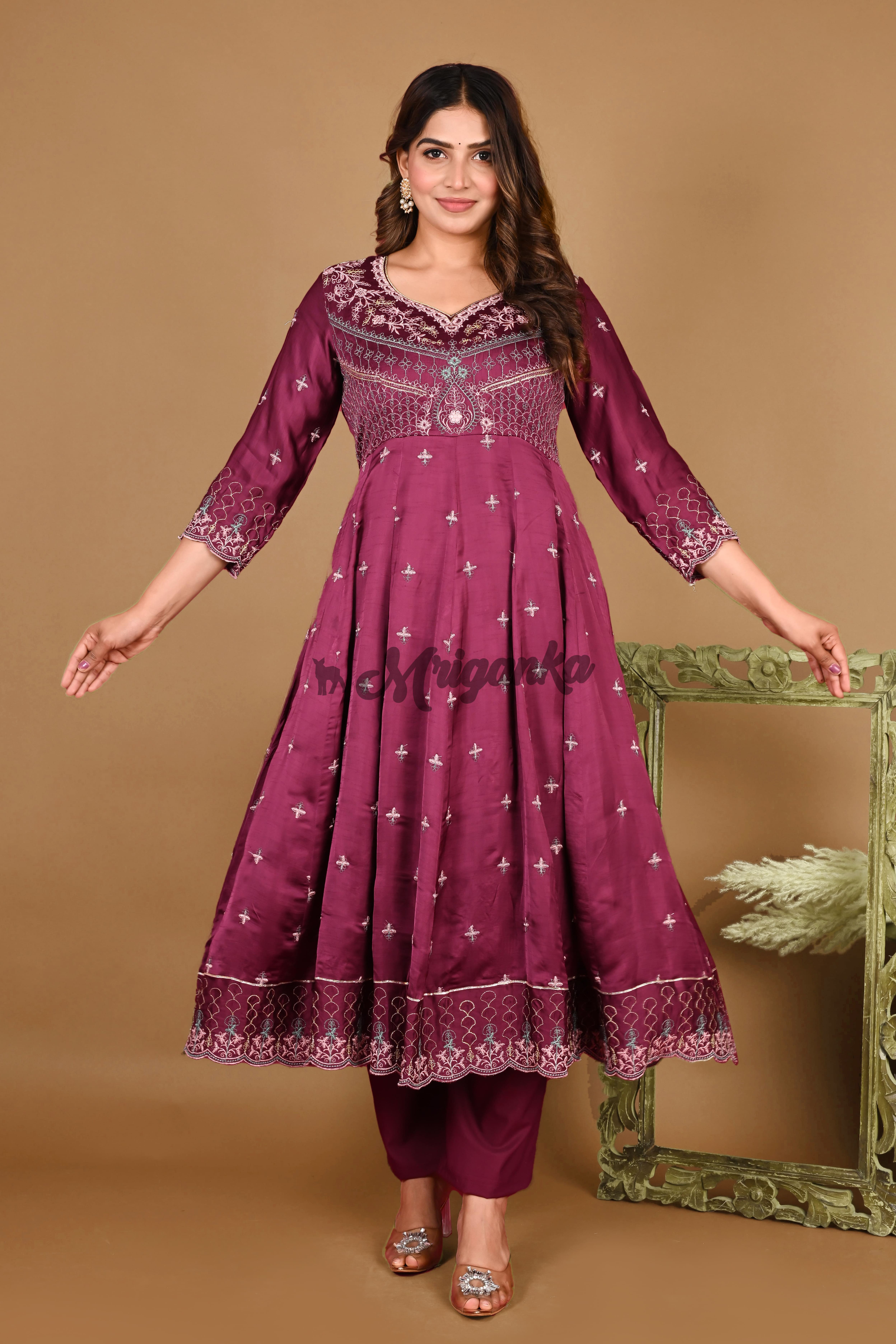 Elegant Wine Anarkali Suit Set with Intricate Embroidery - Linen Satin Fabric