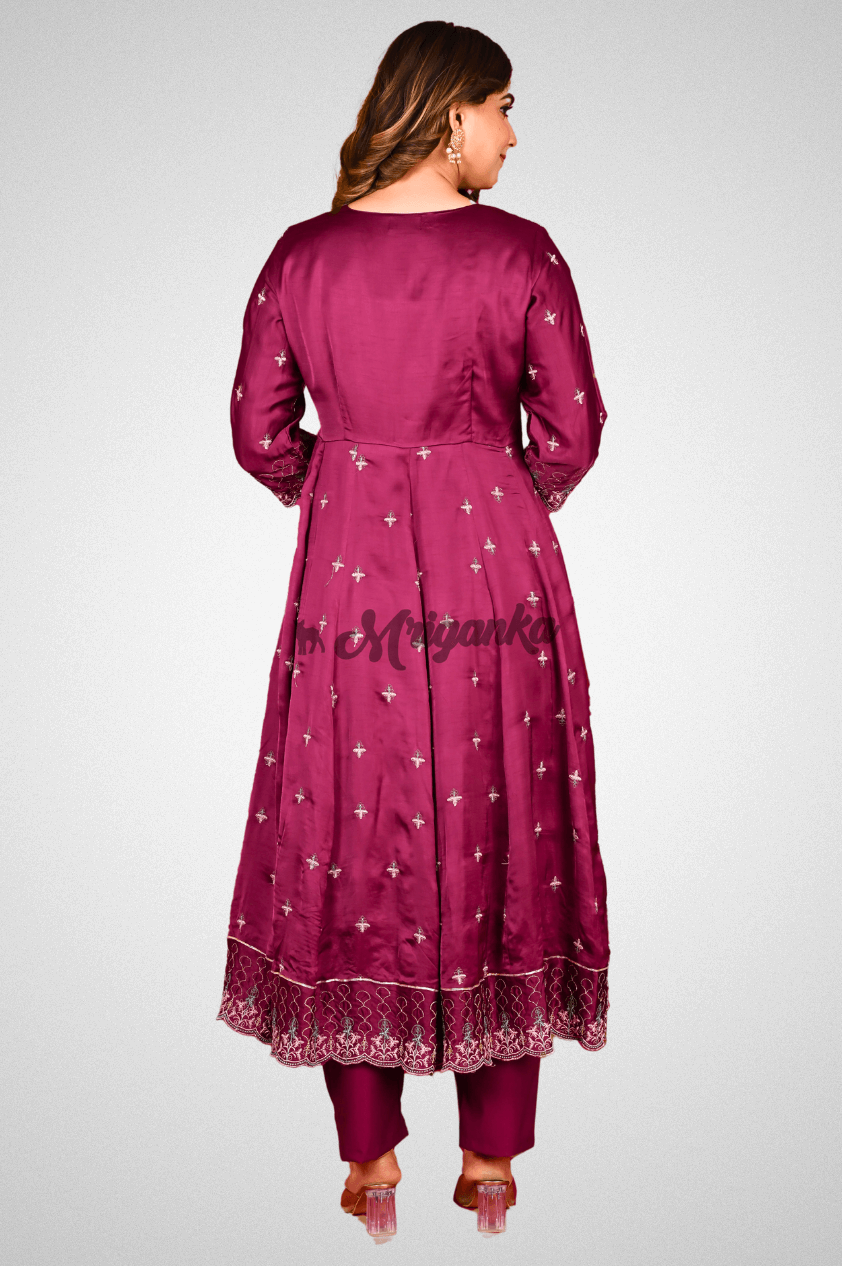 Elegant Wine Anarkali Suit Set with Intricate Embroidery - Linen Satin Fabric