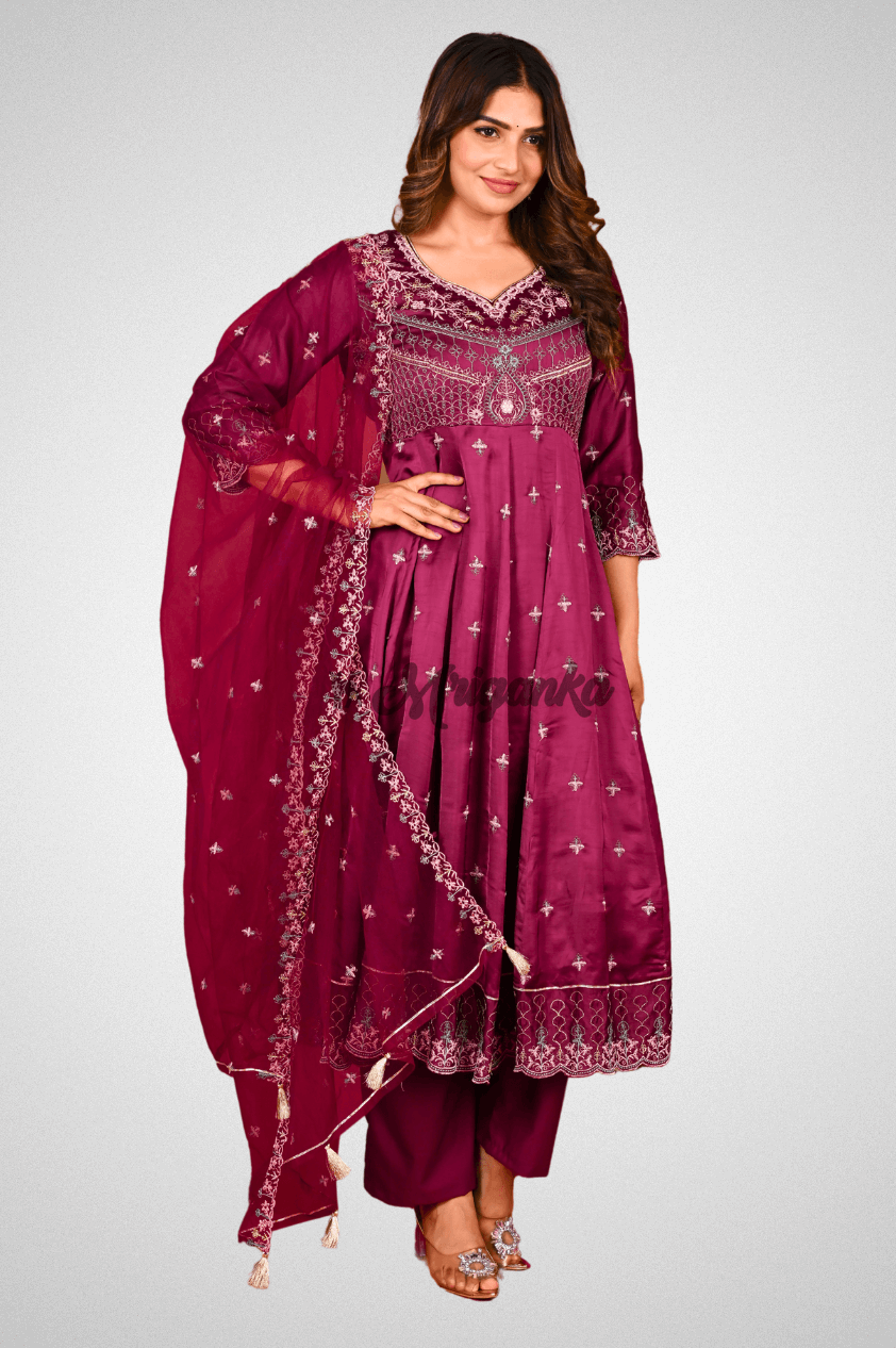 Elegant Wine Anarkali Suit Set with Intricate Embroidery - Linen Satin Fabric