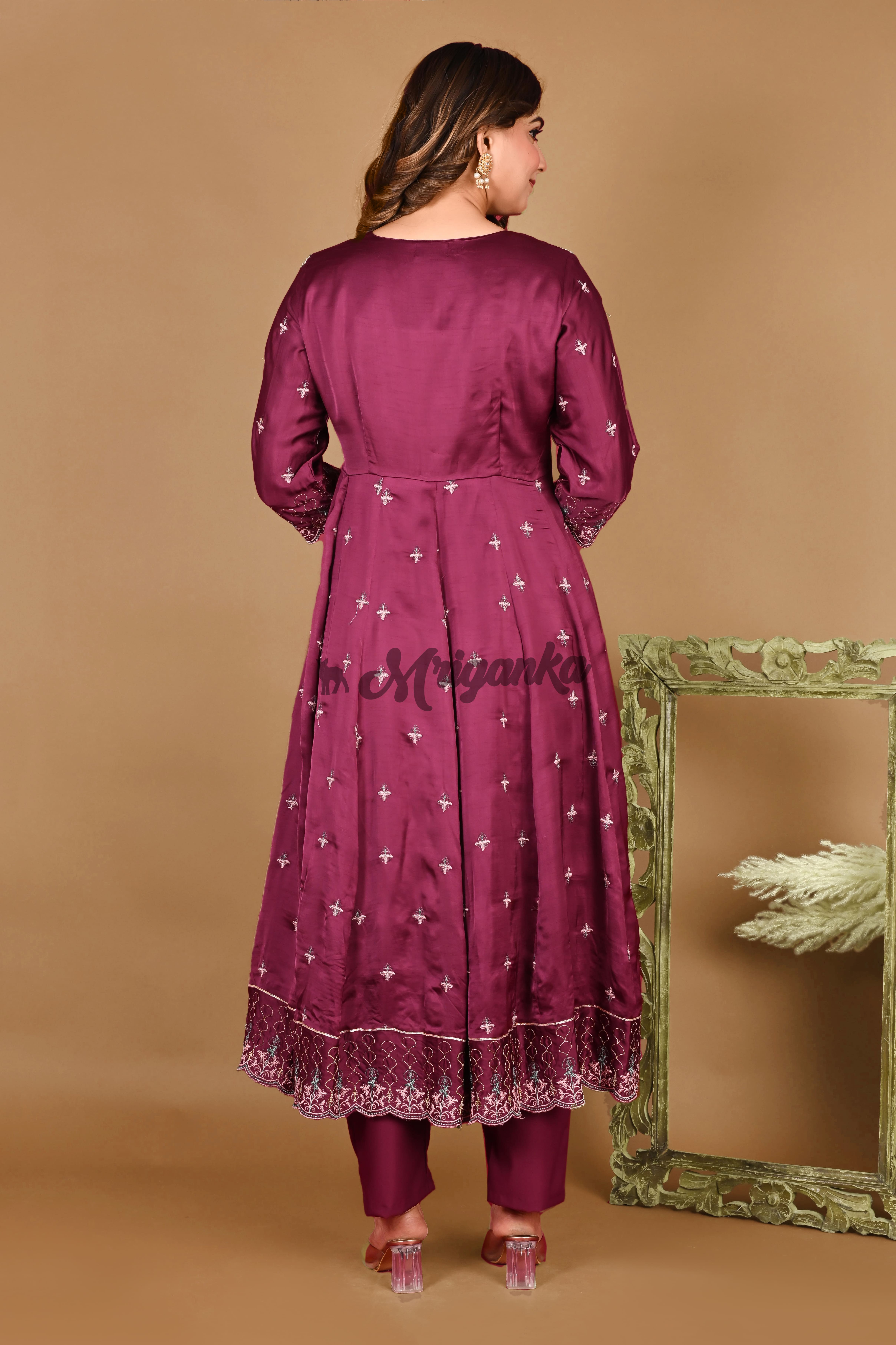 Elegant Wine Anarkali Suit Set with Intricate Embroidery - Linen Satin Fabric