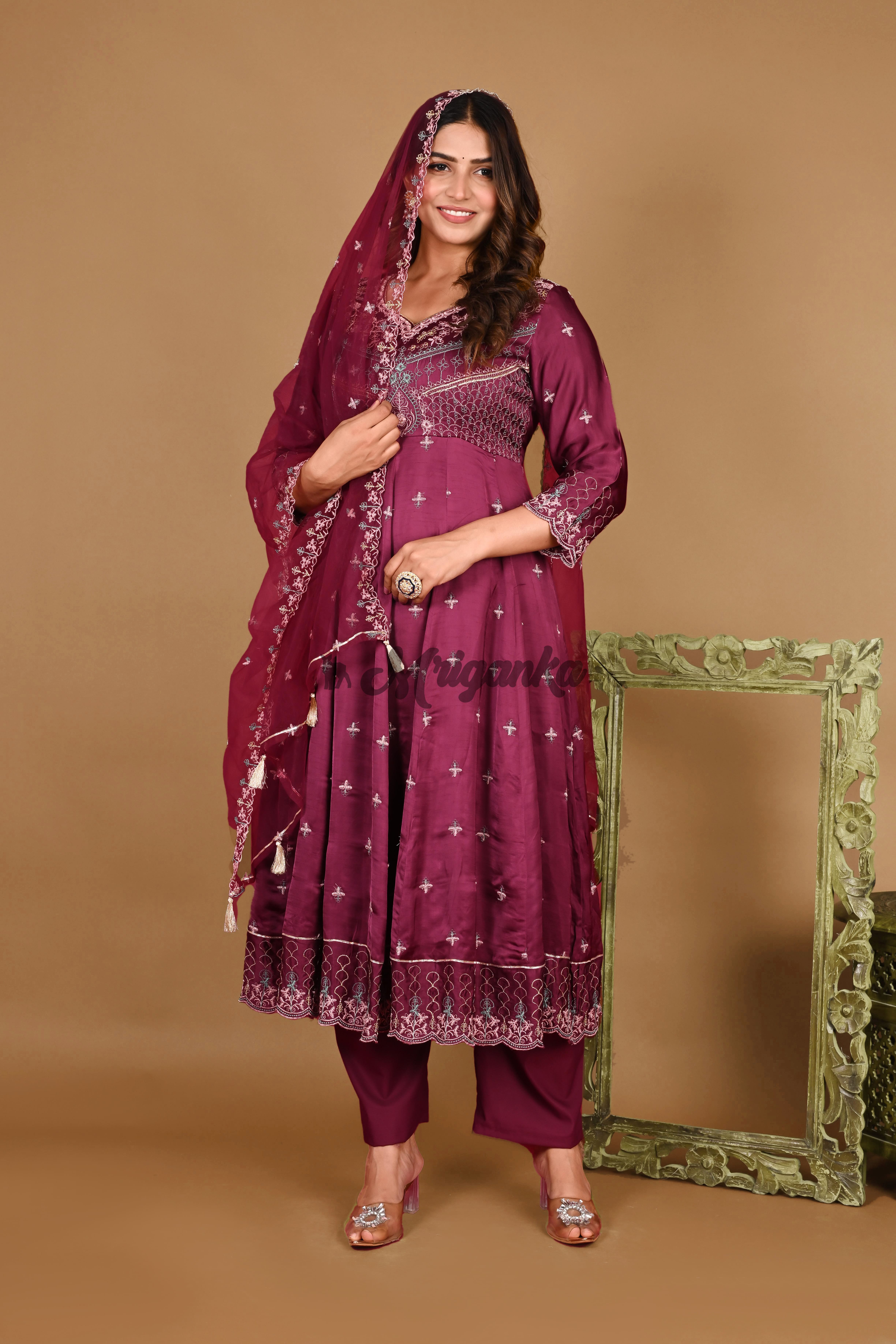 Elegant Wine Anarkali Suit Set with Intricate Embroidery - Linen Satin Fabric