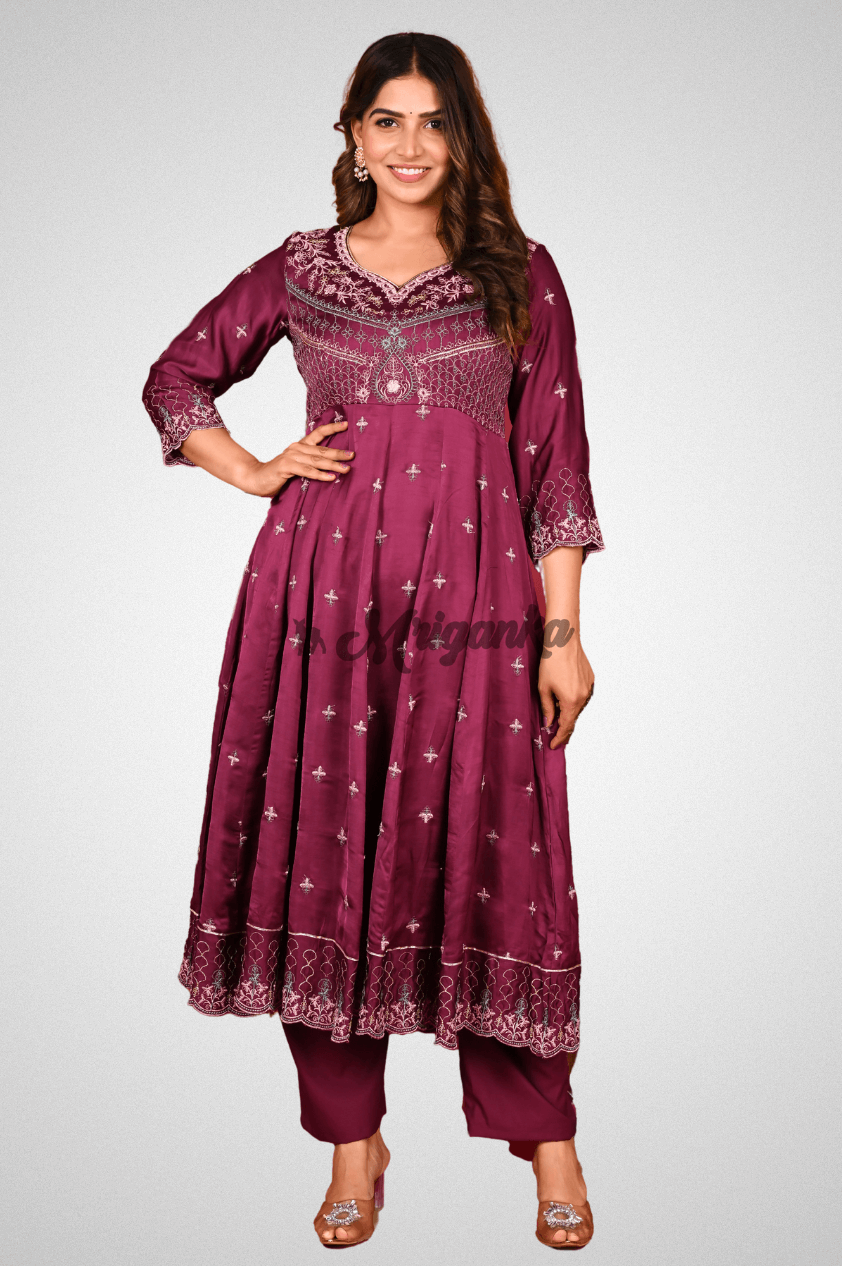 Elegant Wine Anarkali Suit Set with Intricate Embroidery - Linen Satin Fabric