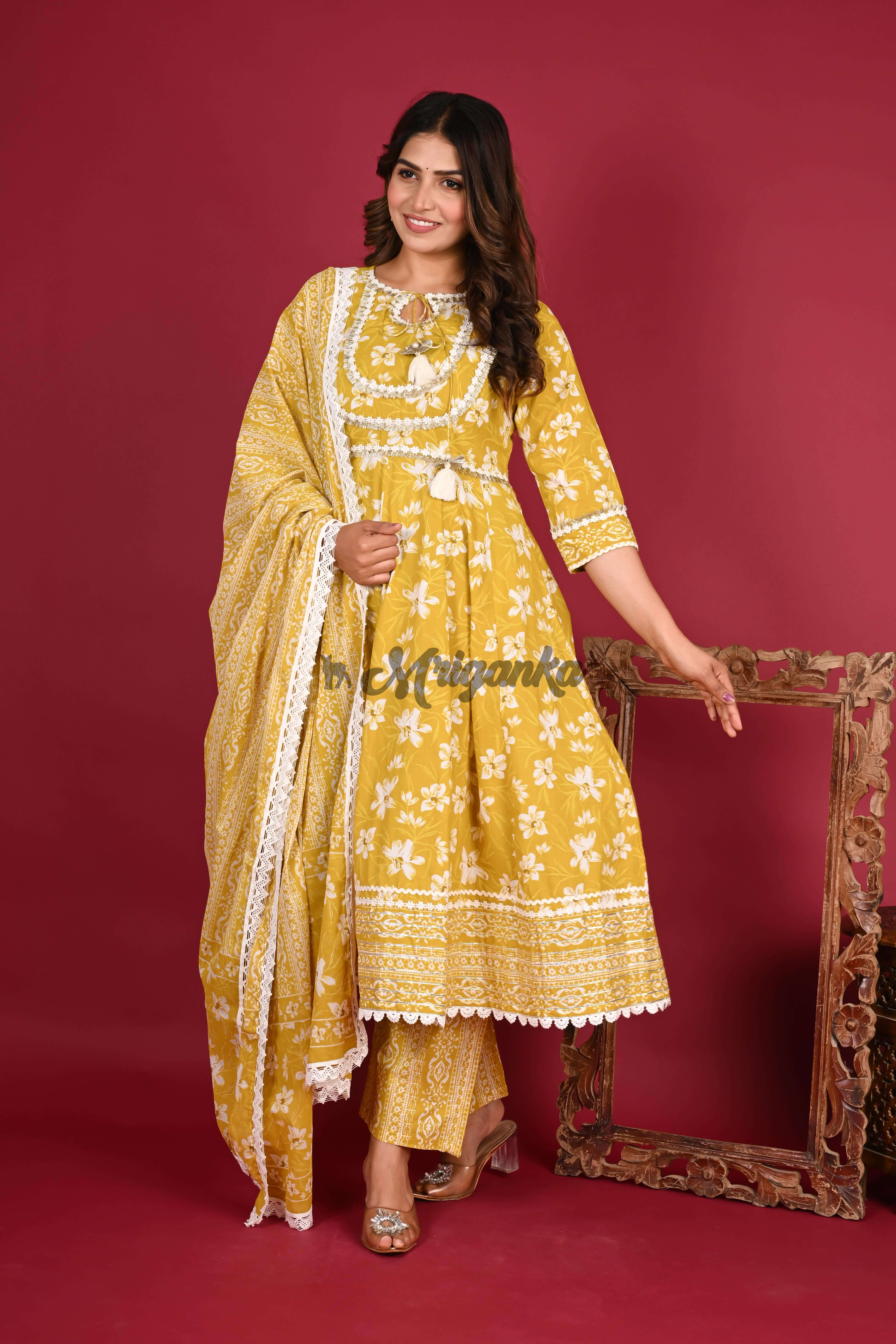 Yellow Anarkali Suit Set with Lace & Embroidered Buta | Cotton Fabric