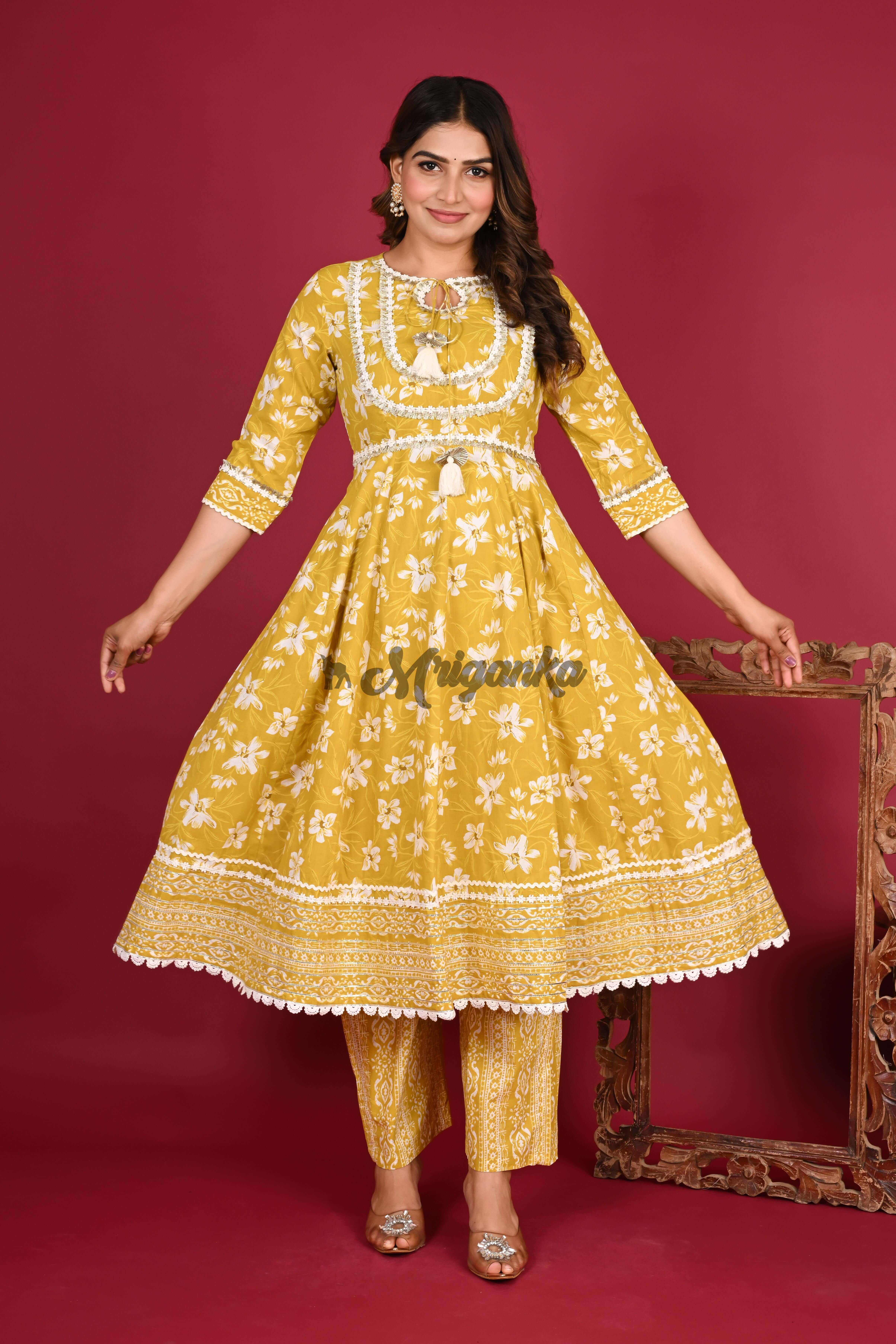 Yellow Anarkali Suit Set with Lace & Embroidered Buta | Cotton Fabric