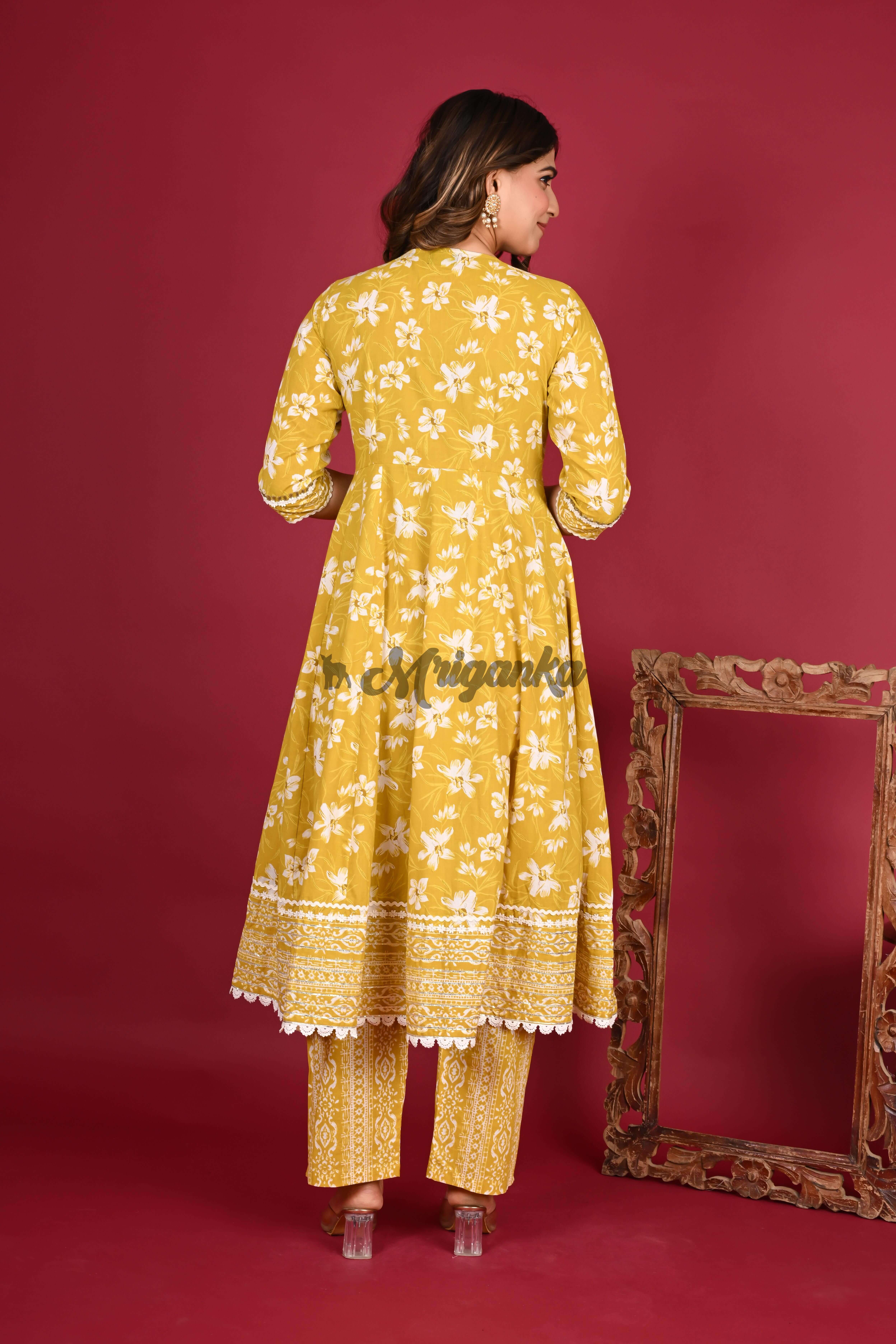 Yellow Anarkali Suit Set with Lace & Embroidered Buta | Cotton Fabric