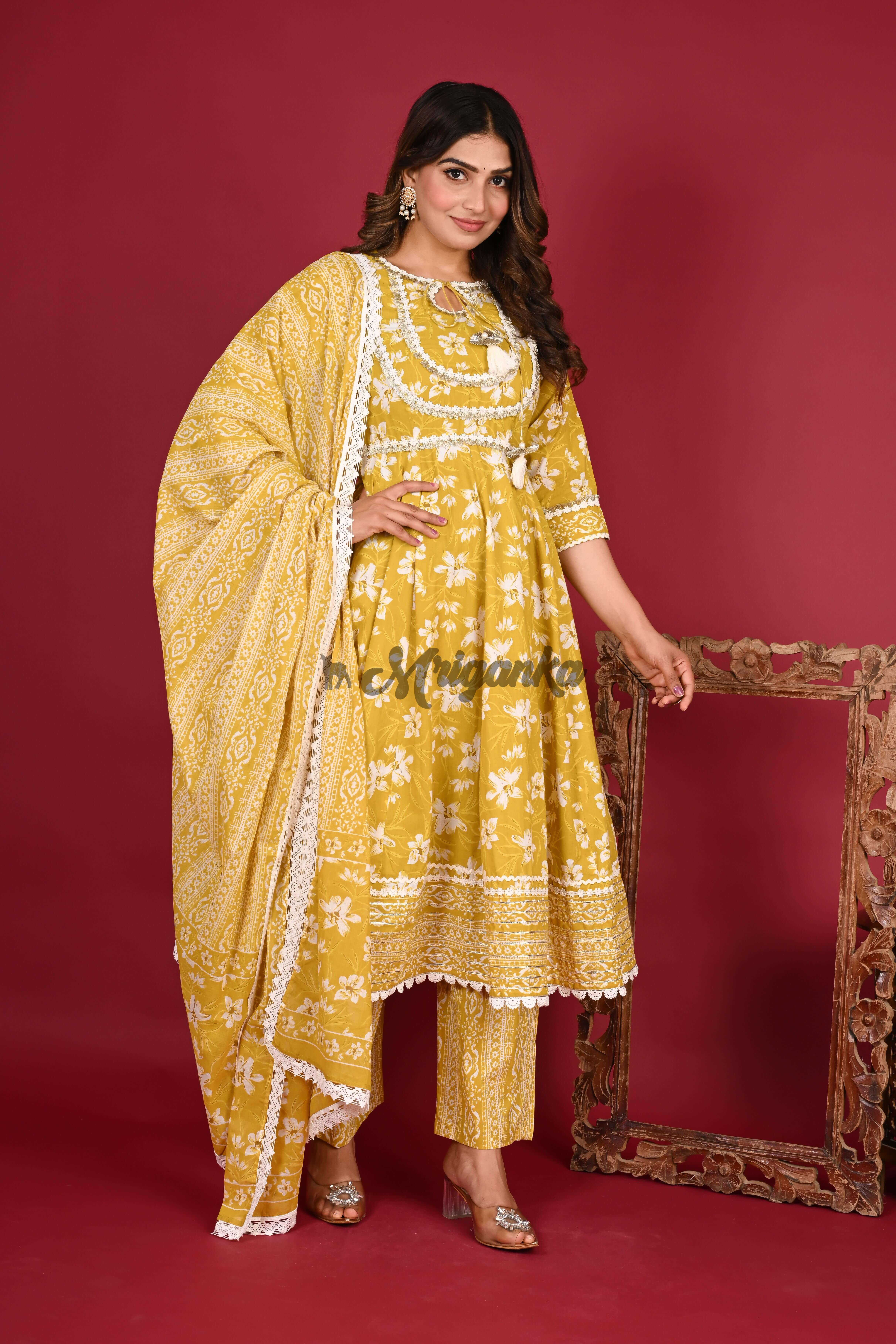 Yellow Anarkali Suit Set with Lace & Embroidered Buta | Cotton Fabric