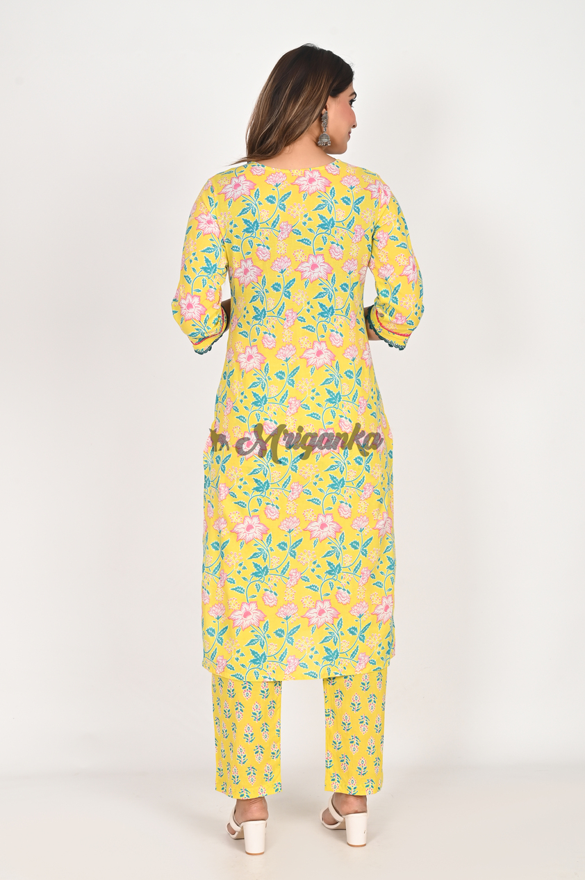 Buy Yellow Pure Cotton Straight Suit Set with Lace Work | Mriganka