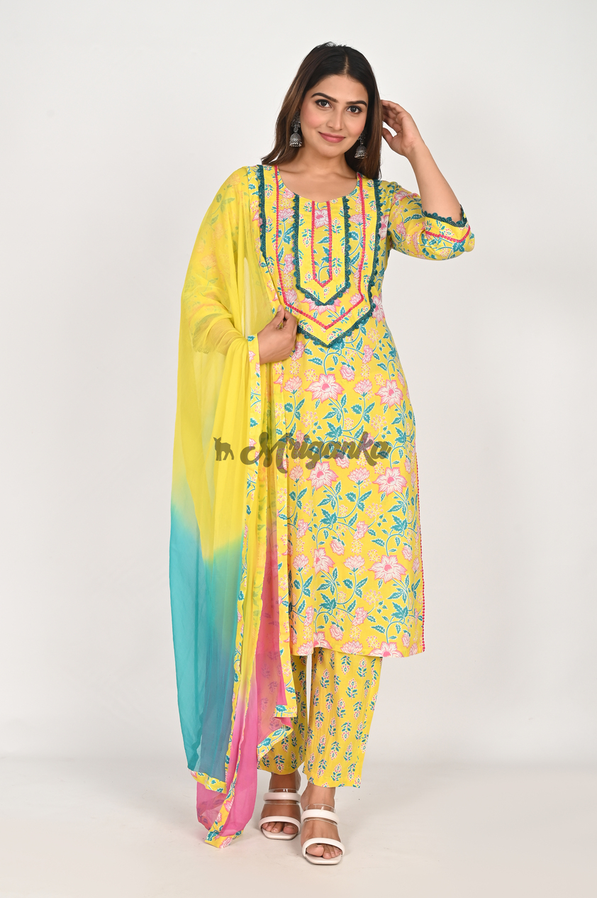 Buy Yellow Pure Cotton Straight Suit Set with Lace Work | Mriganka