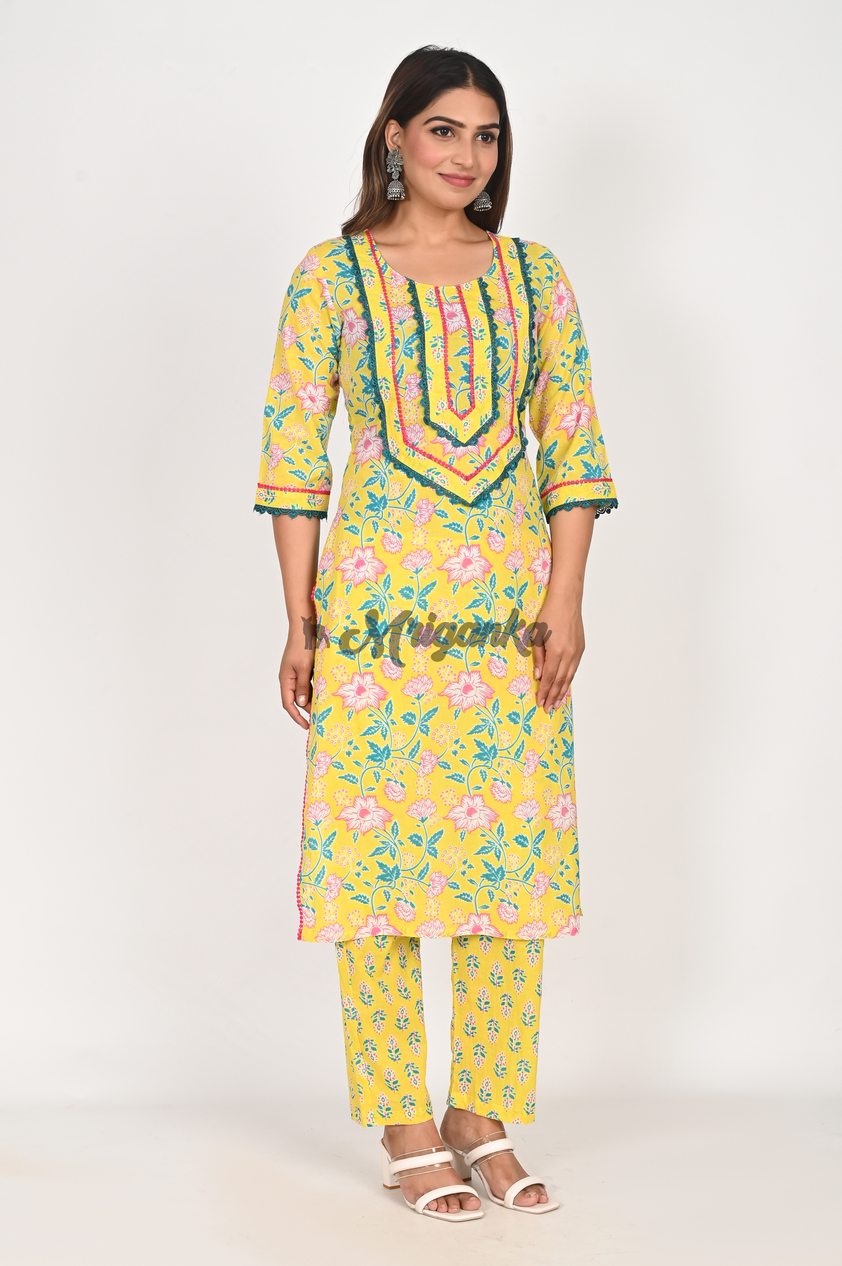 Buy Yellow Pure Cotton Straight Suit Set with Lace Work | Mriganka