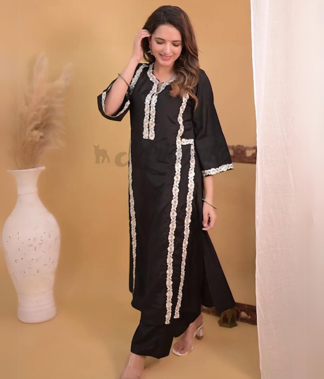 Shop Elegant Embroidered Kurta Pant Set with Embroidered Lace | Mriganka