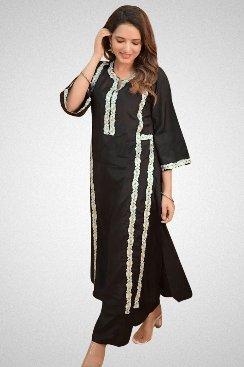 Shop Elegant Embroidered Kurta Pant Set with Embroidered Lace | Mriganka