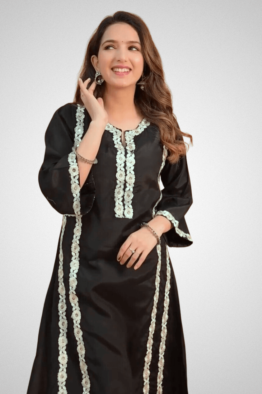 Shop Elegant Embroidered Kurta Pant Set with Embroidered Lace | Mriganka