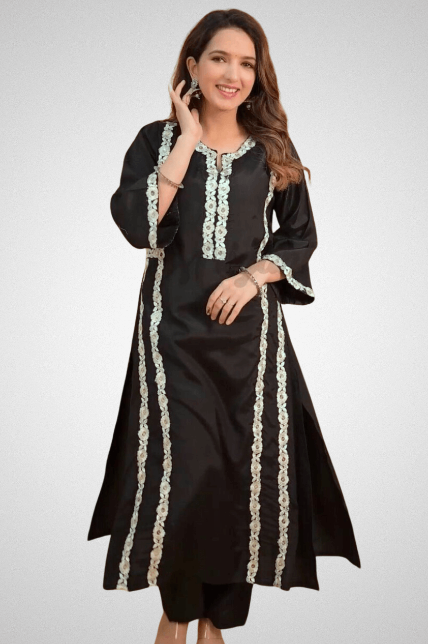 Shop Elegant Embroidered Kurta Pant Set with Embroidered Lace | Mriganka