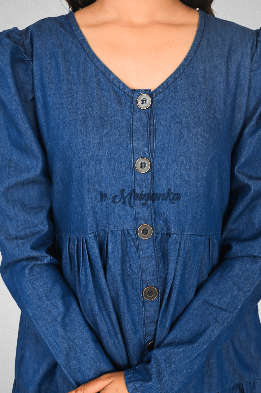 Cotton Denim Flared Dress | Puffed Sleeves, Buttons, Placket & Pockets – Blue | Mriganka