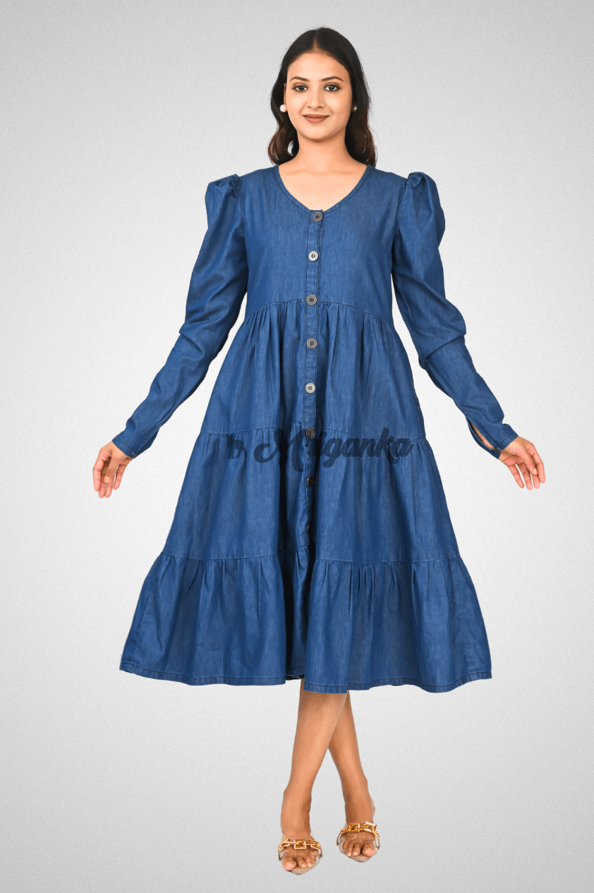 Cotton Denim Flared Dress | Puffed Sleeves, Buttons, Placket & Pockets – Blue | Mriganka