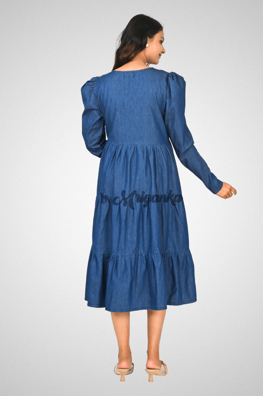 Cotton Denim Flared Dress | Puffed Sleeves, Buttons, Placket & Pockets – Blue | Mriganka