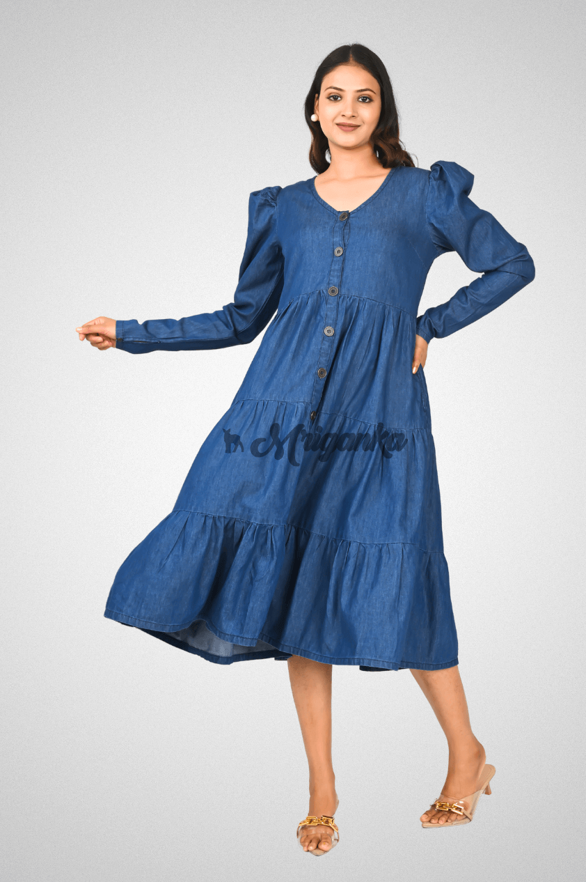 Cotton Denim Flared Dress | Puffed Sleeves, Buttons, Placket & Pockets – Blue | Mriganka