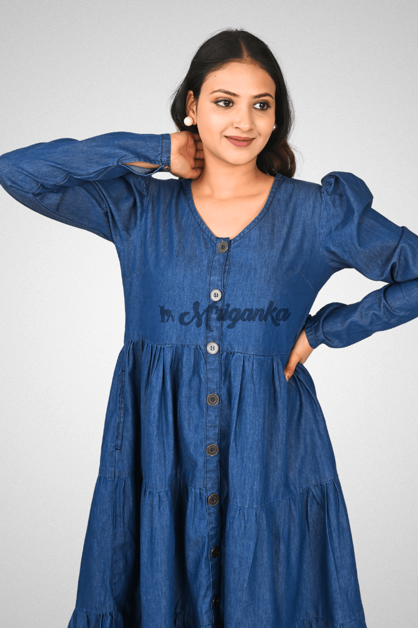 Cotton Denim Flared Dress | Puffed Sleeves, Buttons, Placket & Pockets – Blue | Mriganka