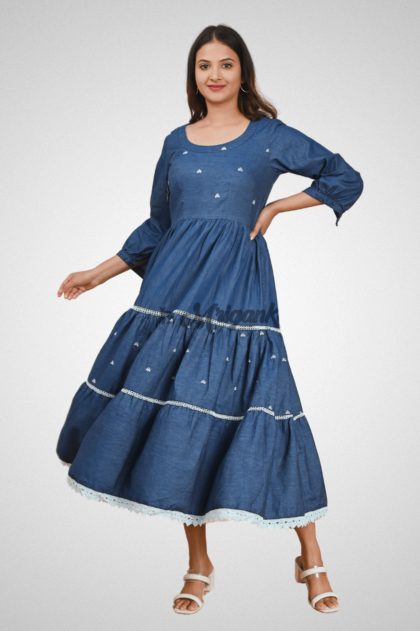 Blue Three-Tier Cotton Denim Dress with Embroidery, Lace Tiers & Puffed Sleeves by Mriganka