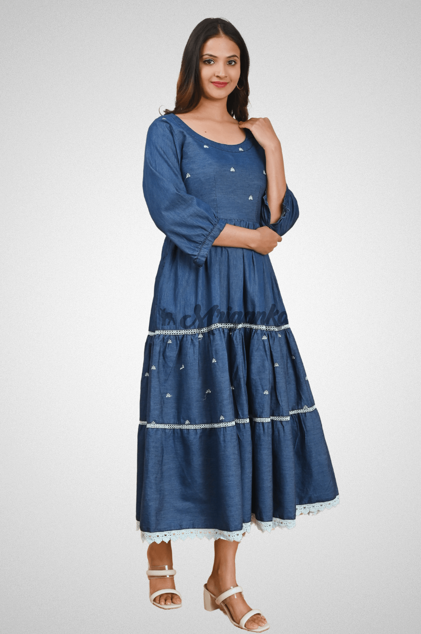 Blue Three-Tier Cotton Denim Dress with Embroidery, Lace Tiers & Puffed Sleeves by Mriganka