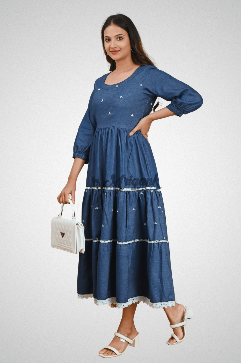 Blue Three-Tier Cotton Denim Dress with Embroidery, Lace Tiers & Puffed Sleeves by Mriganka