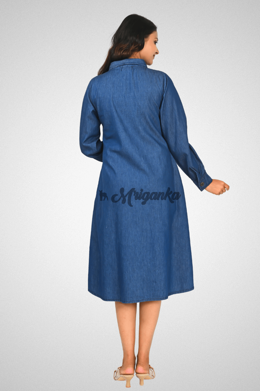 A-Line Denim Cotton Shirt Dress with Pockets & Button-Down | Mriganka