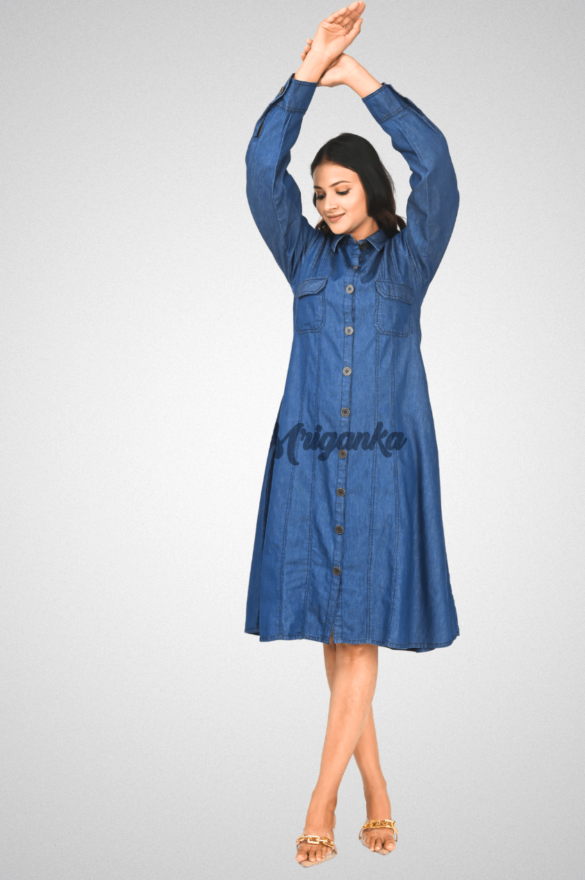 A-Line Denim Cotton Shirt Dress with Pockets & Button-Down | Mriganka