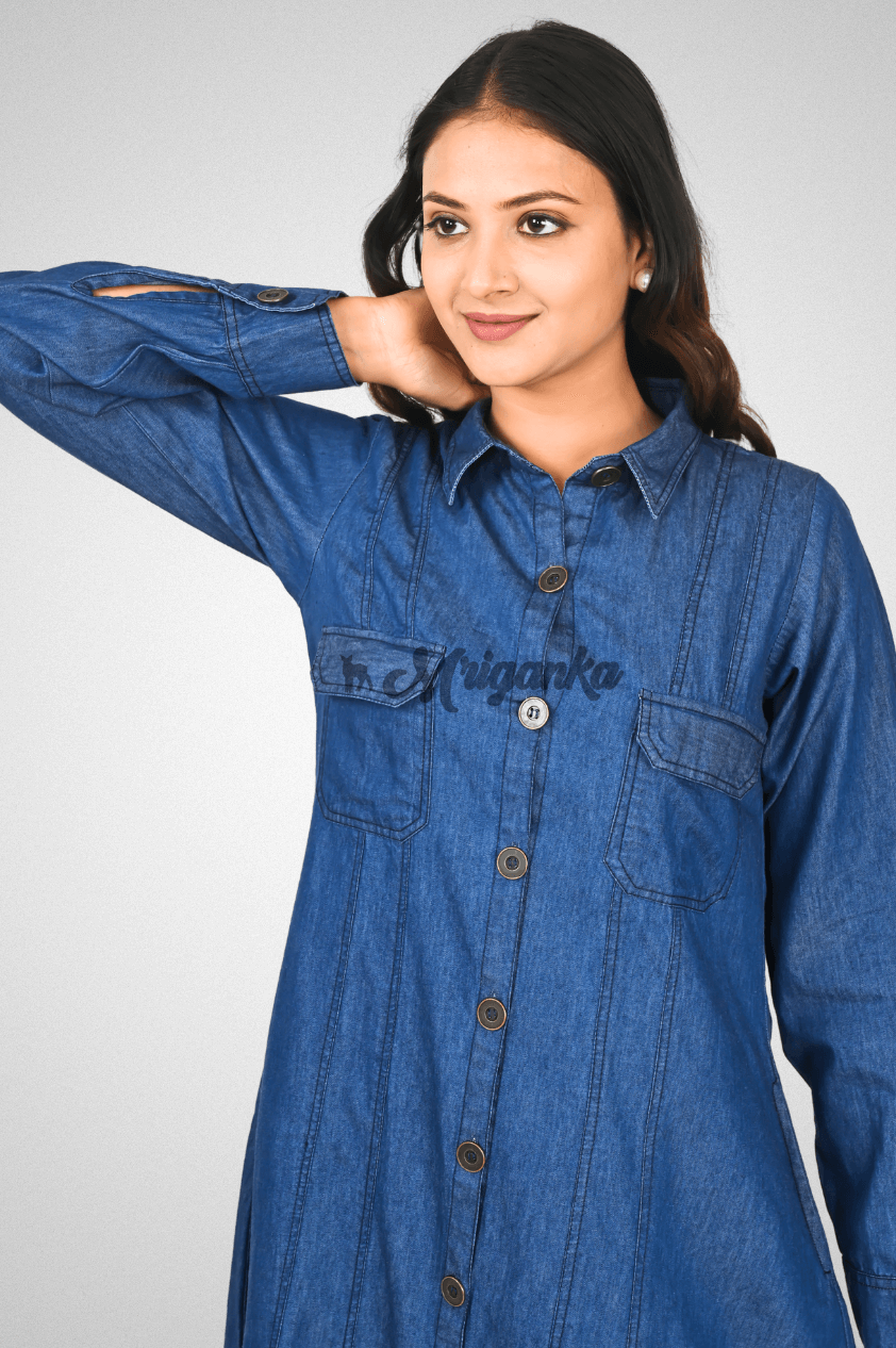 A-Line Denim Cotton Shirt Dress with Pockets & Button-Down | Mriganka