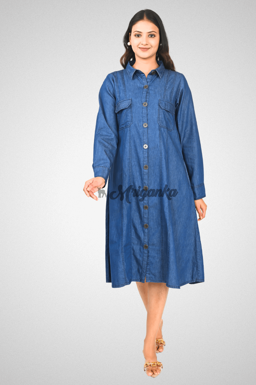 A-Line Denim Cotton Shirt Dress with Pockets & Button-Down | Mriganka